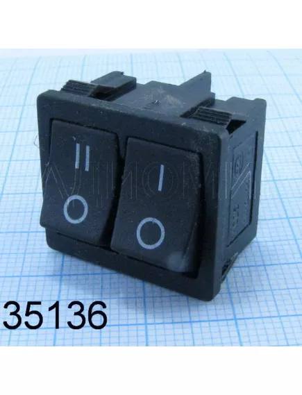 Клавишный переключатель прямоугольный двойной, 4pin, 2xON-OFF, AC 220/250V 12/6A, под клеммы 4.8мм, 19x22мм, Фланец: 21х24мм, корпус: черный (SC-727 4c, KCD5) - Прямоугольный "мини-двойной" - Радиомир Саратов