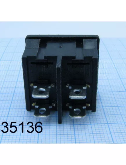 Клавишный переключатель прямоугольный двойной, 4pin, 2xON-OFF, AC 220/250V 12/6A, под клеммы 4.8мм, 19x22мм, Фланец: 21х24мм, корпус: черный (SC-727 4c, KCD5) - Прямоугольный "мини-двойной" - Радиомир Саратов