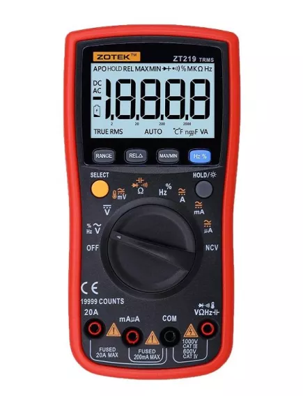 Мультиметр цифровой ZOTEK ZT219, разряд.:19 999, U(dc): 1 000V, U(ac): 750V, I(dc): 20A, F:10kHZ, C:10 000mkF, t:1 000°C, True RMS, NCV, HOLD, прозвонка соединений, тест диодов - Мультиметры с автоматическим выбором пределов измерения - Радиомир Саратов