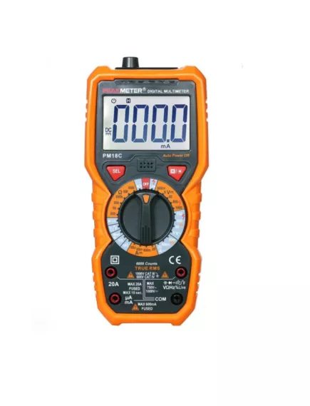 Мультиметр PeakMeter PM18C, U(dc): 1 000V, U(ac): 750V, I(dc): 20A, I(ac): 20A, F:10 000kHZ, C:100 000mkF, R:60МΩ, t:1 000°C, True RMS, h21, NCV, LIVE, HOLD, прозвонка соединений, тест диодов - Мультиметры с автоматическим выбором пределов измерения - Радиомир Саратов