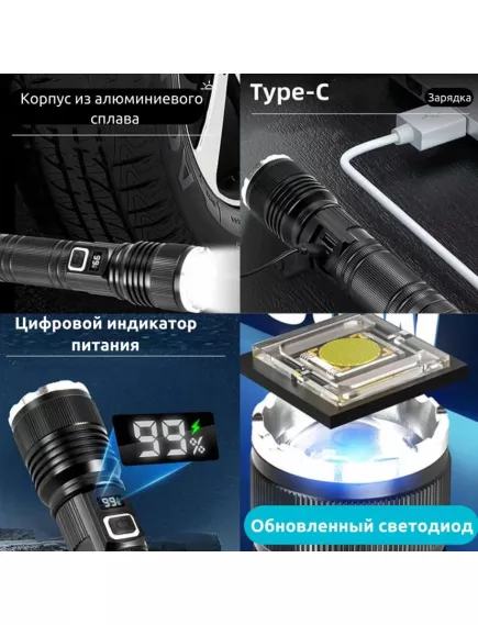 Фонарь св/диодный S010-PM10-TG лазерный светодиод TG; LED-дисплей с индикатором заряда; алюминиевый корпус; 5 реж свечения (100% / 75% / 50% / стробоскоп / сигнальный); ZOOM; Пит: 1*Li-ion акк. 26650 6800mAh 3.7V / 3*ААА (кейс не в компл); Функция POWERBA - Ручные св/д фонари - Радиомир Саратов