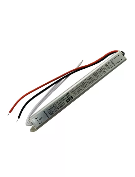 Блок питания для св/д техники, 12V, 1.5A, 18W, два провода, мебельный (длинный), 292x18x18мм, IP20, вх: AC 220-250V, вх. разъем: провод, металл GENERAL GDLI-SS-18 -  1 - 6.25A 12V ( <75W)  IP20-IP67 Блоки пит.для св/д техники - Радиомир Саратов