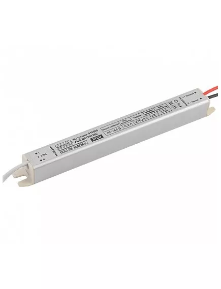 Блок питания для св/д техники, 12V, 1.5A, 18W, два провода, мебельный (длинный), 292x18x18мм, IP20, вх: AC 220-250V, вх. разъем: провод, металл GENERAL GDLI-SS-18 -  1 - 6.25A 12V ( <75W)  IP20-IP67 Блоки пит.для св/д техники - Радиомир Саратов