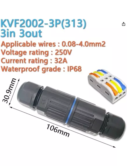 Разъем герметичный KVF2002-3P (марк. KVF-2002) 3-х контактный (3pin) (IP68) разборный, НА КАБЕЛЬ, Черный - Герметичный разъм KVF - Радиомир Саратов