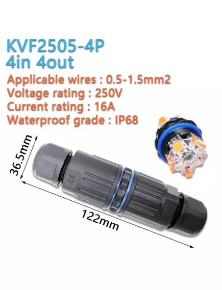 Разъем герметичный KVF2505-4P (марк. KVF-2505) 4-х контактный (4pin) (IP68) разборный, НА КАБЕЛЬ, Черный - Герметичный разъм KVF - Радиомир Саратов