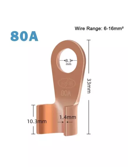 КЛЕММА КОЛЬЦЕВАЯ ПОД М8 НЕИЗОЛ МЕДЬ 80A сечение провода 4.0-16мм2  внутр.d=8.2mm/внешн.D=10,4mm h=33mm OT-80A (Под обжим) -  М8 - Радиомир Саратов
