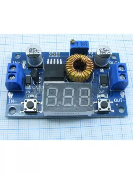 Понижающий DC-DC 4,0...38V >> 1,2...36V (регулир) ; max 5A, с ВОЛЬТМЕТРОМ (свыше 3,5А+ радиатор; стойки-в компл) с клеммниками ;на XL4015 ; КПД до 95%; част.преобр: 180 кГц; индикатор пит;защита от КЗ; -40+85°C; 64х37х12мм - Понижающие DC-DC преобразователи - Радиомир Саратов