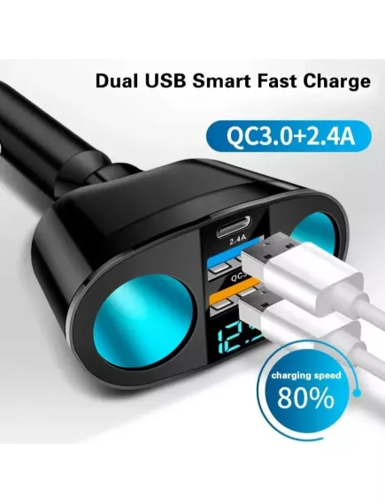 Раздвоитель гнезда прикуривателя In-CAR + БЛОК ПИТ/ЗАРЯД УСТР АВТО 12V / USB-AFх2 + TYPE-C + вольтметр, Вх:DC12-24V; 2 х Вых:гнезда прикуривателя; 2 x USB гнезда (output) 5V /2,4A + Type-C - Раздвоитель гнезда прикуривателя - Радиомир Саратов