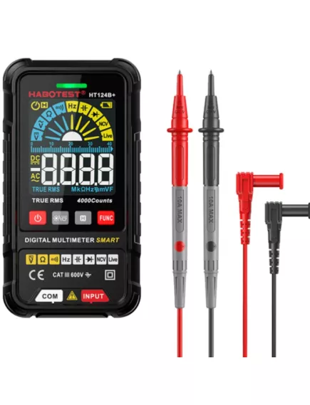 Мультиметр цифровой, Smart HABOTEST HT124B+, разряд.:4 000, U(dc): 600V, U(ac): 600V, F:4 000kHZ, C:4 000mkF, R:40МΩ, True RMS, NCV, LIVE, HOLD, прозвонка соединений, тест диодов - Мультиметры с автоматическим выбором пределов измерения - Радиомир Саратов