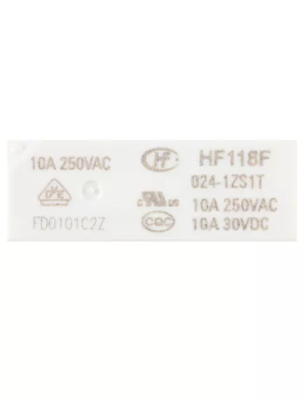 Реле э/м DC24V 10A 5pin, пайка (PCB), Контакты: 1 перекл.группа (1С) (30DVC/10A; 250VAC/10A) 28,5x10x12мм (HONGFA HF118F 024-1ZS1T) - 10-12А/24VDC (ток /раб.напряж. реле) - Радиомир Саратов