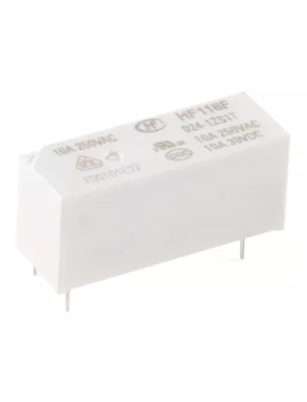 Реле э/м DC24V 10A 5pin, пайка (PCB), Контакты: 1 перекл.группа (1С) (30DVC/10A; 250VAC/10A) 28,5x10x12мм (HONGFA HF118F 024-1ZS1T) - 10-12А/24VDC (ток /раб.напряж. реле) - Радиомир Саратов