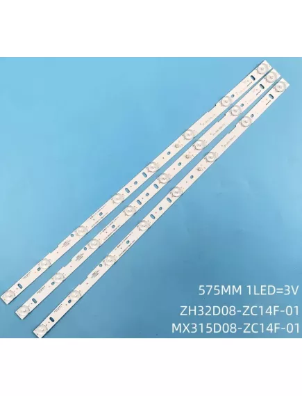 Светодиодная планка для подсветки ЖК панелей 32" 3V (8линз) MX315D08-ZC14F-01 (ZH32D08-ZC14F-01, 31-315-316-33, 303XH320031) (575 мм, 8 линз) Комплект 3планки, разъем 2PIN гн. платформа алюмин. без термоскотч - 3V - Радиомир Саратов