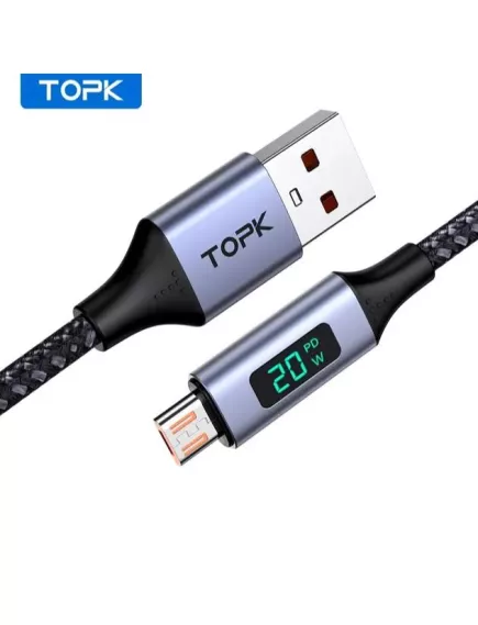 КАБЕЛЬ USB-AM / microUSB (штек.5pin)  ver.2.0  1,0м  с индикатором W(Pd) на разъеме microUSB TOPK Круглый в оплетке цв.Черный - USB-AM x microUSB - Радиомир Саратов