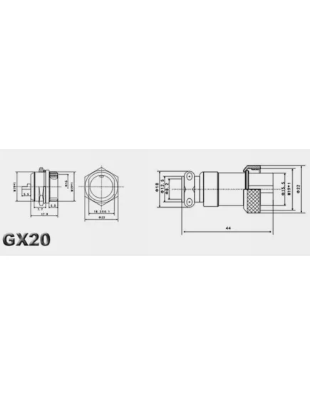 РАЗЪЕМ GX20M-2A 2PIN ГНЕЗДО НА КАБЕЛЬ+GX20M-2G 2PIN ШТЕКЕР НА КОРПУС (Цена за комплект 2шт) (D20mm) под пайку металл. - GX20 Комплекты Гнездо+Штекер - Радиомир Саратов