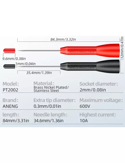 НАСАДКА НА ЩУП мультиметра ANENG PT2002/ BC55-40030 10A 600V (Комплект 2шт: красн.+черн.)  Игла-1мм (щупы для мультиметра) - Шнуры для мультиметров - Радиомир Саратов