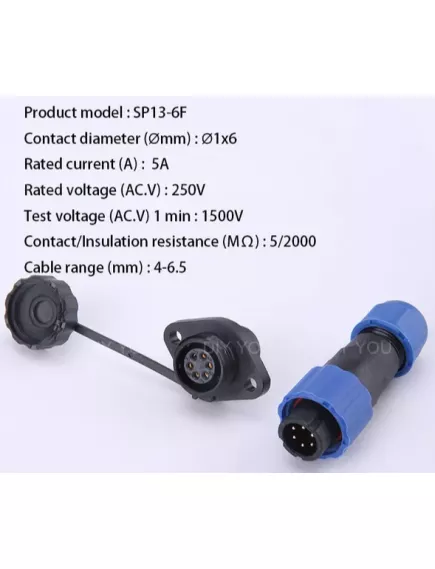 Разъем герметичный М13 6pin (IP68) КОМПЛЕКТ (штыревая+гнездовая часть на кабель + на корпус(на фланце)) SP13-6F НА КАБЕЛЬ-штекер/на КОРПУС-гнездо Черный/синий, обрезиненный пластик (SP1310 SP1311) - Герметичный разъм SP13 (М13мм) - Радиомир Саратов