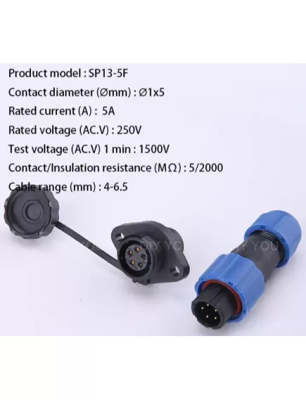 Разъем герметичный М13 5pin (IP68) КОМПЛЕКТ (штыревая+гнездовая часть на кабель + на корпус(на фланце)) SP13-5F НА КАБЕЛЬ-штекер/на КОРПУС-гнездо Черный/синий, обрез (SP1310 SP1311) - Герметичный разъм SP13 (М13мм) - Радиомир Саратов