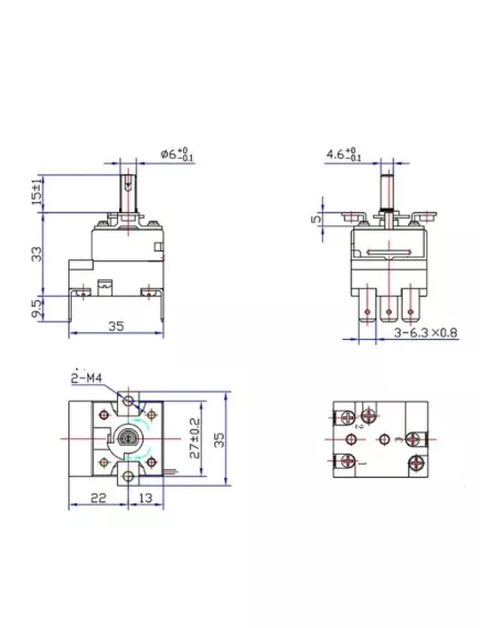 Терморегулятор капиллярный для электродуховок и электроплит 3pin 30-120C WZA-120E с рукояткой для теплового обор. с ручкой 3pin под клеммы 6,3мм, L капилляра=100cm, 250VAC , 16A - Терморегулятор клеммы:Нижнее подключение - Радиомир Саратов