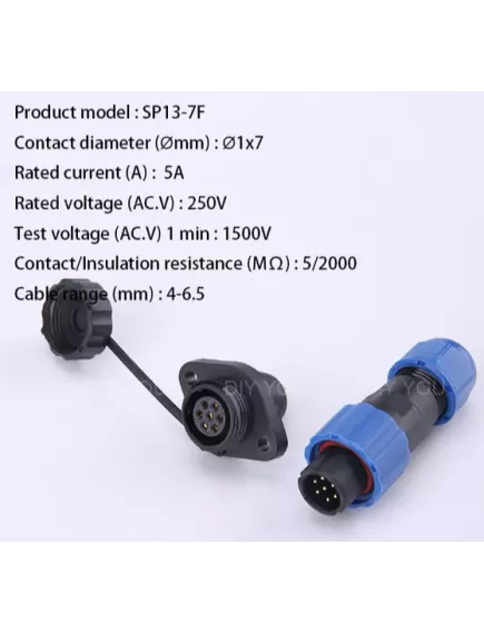 Разъем герметичный М13 7pin (IP68) КОМПЛЕКТ (штыревая+гнездовая часть на кабель + на корпус(на фланце)) SP13-7F НА КАБЕЛЬ-штекер/на КОРПУС-гнездо Черный/синий, обрезиненный пластик (SP1310 SP1311) - Герметичный разъм SP13 (М13мм) - Радиомир Саратов