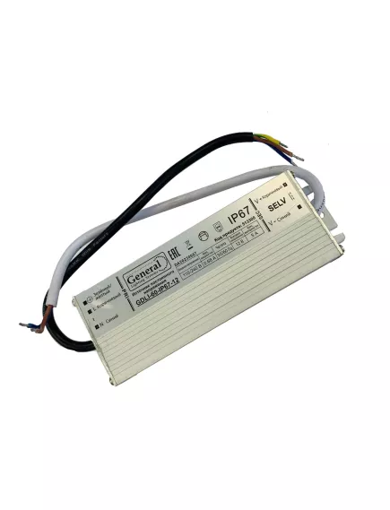 Блок питания для св/д техники, 12V, 5.0A, 60W, с проводами, Strait (узкий), 160x52x35мм, IP67, вх: AC 220V, металл GENERAL GDLI-60-IP67-12 -  1 - 6.25A 12V ( <75W)  IP20-IP67 Блоки пит.для св/д техники - Радиомир Саратов