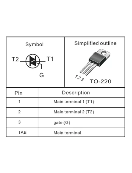 Симистор  8A BTB08-600C (W)  600V (Tc=75ш) ,Igt/Ih<100/<50mA snubberless di/dt TO220 (TRIAC) Средний вывод замкнут с мет. подложкой -   8A - Радиомир Саратов