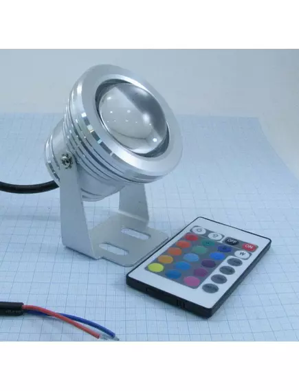 Прожектор светодиодный COB  RGB с линзой 10W  12V 20mA  900Lm c ИК-пультом (24кн.) IP65 20 реж. работы, корпус- алюминий, цв: серый - Светодиодные прожекторы - Радиомир Саратов