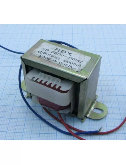 Трансформатор 220V 6V / 600mA (3.6W) (66х35х38) с проводами; (крепление 55мм) -   6V (2х6V=12V) - Радиомир Саратов
