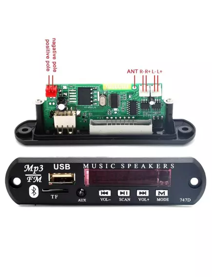 Модуль MP3 на мс/х AB5305A (мини плеер) "OT-SPM08 пит:12V Дисплей 1.5"(45х10); Bluetooth; FM(87.5 -108.5MHz); пульт ДУ (21кн)+3 шлейфа-2/2/2pin форматы MP3/WAV; Разъёмы: AUX-3.5мм/ USB / TF   габ:105*25 мм - Модули FM, MP3 встраиваемые (без усилителя) - Радиомир Саратов