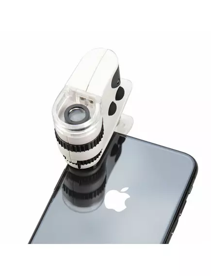 Микроскоп Орбита MPK10-CL60X 1-60X для смартфона с прищепкой Увеличение:0 ~ 60X; подсвет: 2LED:белый / УФ (регулир яркости);встроенный аккумулятор 5V/300 mA Комплектация: шнур питания microUSB, чехол  Размер: 65*25 мм - Микроскопы - Радиомир Саратов