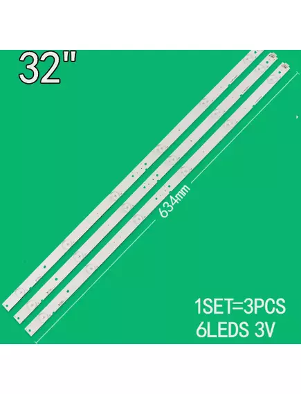 Светодиодная планка для подсветки ЖК панелей 32" 3V (6линз) A-HWCQ32D676 (633 мм, 6 линз), Uпит св/д.=3V - 3V - Радиомир Саратов