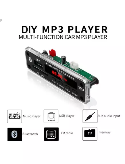 Модуль MP3 (мини плеер), Bluetooth 5.0; MP3, WMA, поддержка USB_SD, FM; + усилитель кл. D  2x15W; пульт ДУ; пит:12V, до 150mA, - Модули FM, MP3 встраиваемые (без усилителя) - Радиомир Саратов