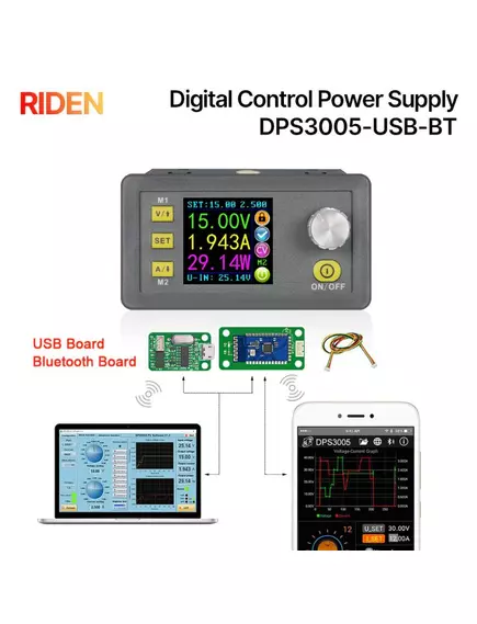 Модуль источника питания RIDEN DPS3005 с понижающим преобразователем постоянного напряжения и тока.,0...32V (регулир) ; max 5A (Коммутация: USB, Bluetooth), мощность: 160W.  RuiDeng RIDEN - Модули для источников питания - Радиомир Саратов