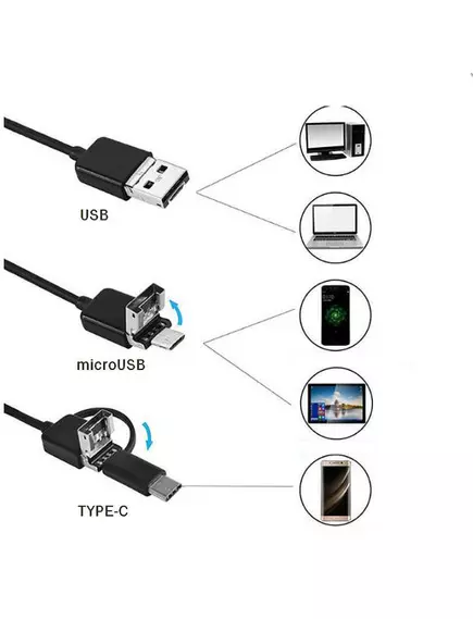 ВИДЕОЭНДОСКОП Гибкая камера,  "Android (micro USB/USB)"  (d=8мм- ;жесткий кабель 2м)  IP67  2.0Mpix (HD); PAL 640:480/1280:720; подсветка 6LED; OC: (Android; windows XP/VISTA7;8); DC 5V; съемное зеркало для угловой съемки - Видеоэндоскопы- micro USB/USB/Type-C - Радиомир Саратов