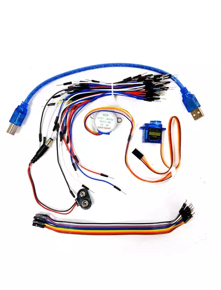 КОНСТРУКТОР ЭЛЕКТРОННЫЙ Arduino Learning Kit на м/контр.ATmega328P(DIP) ( обучающий набор разработчика RFID)  (Комплект: модуль ArduinoUNO R3; плата беспаечн.;шаговый мотор; пульт ДУ; ИК приемник; ЖК дисплей 16*2; модуль разраб. проекта с набором переходн - Наборы деталей ARDUINO - Радиомир Саратов