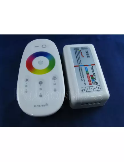 Контроллер RGBW с RF-пультом: 24A, (сенсорный 2.4GHz), DC12V/24V, 288W, 5pin, (4 канала по 6A) 640тыс.цвет; дальность-30м; 20 прогр.управл; пульт(110х52х20мм); контр.(85х45х23мм) ( упр.RGBWW лентой) - Контроллеры RGB для св/д лент - Радиомир Саратов