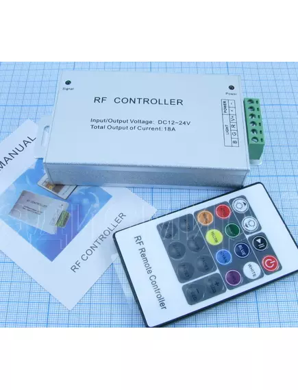 Контроллер RGB с RF-пультом: 18A, DC12-24V, 288W, (3 канала по 6A); Пульт-20кн.(8 цветов); корпус-металл; габариты: 102х64х23мм - Контроллеры RGB для св/д лент - Радиомир Саратов