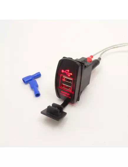 АДАПТЕР USB х 2 (2A max) для зарядки в Авто; монтаж в панель, прямоугольный, врезной, ВШГ- 35х 20 х30 мм, с защёлками, подсветка красная Uпит:12-24v DC; вых: 5V 3.1A; 2pin (2 клеммы: 6,3мм) для подключ; +защитная заглушка - Зарядные устройства в АВТО (прямоугольные  врезные) - Радиомир Саратов