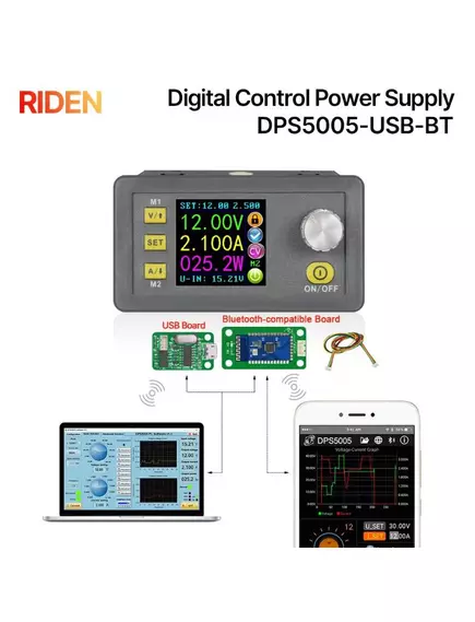 Модуль источника питания RIDEN DPS5005 с понижающим преобразователем постоянного напряжения и тока,0...50V (регулир) ; max 5A, мощность: 250W (Коммутация: USB, Bluetooth); RuiDeng - Модули для источников питания - Радиомир Саратов