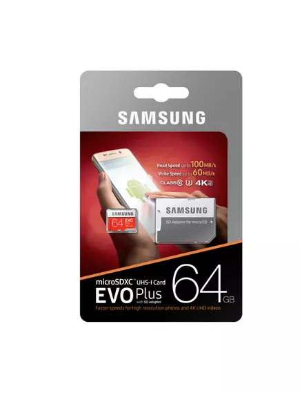 Flash card micro SDHC 64GB (class10)(+ адаптер SD) SAMSUNG EVO+ U3 4K (скорость чтения/записи: 100/60MB/s, с адаптером SD) - Карты памяти SD, microSD, USB флешки - Радиомир Саратов