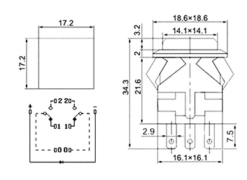 Кнопка квадратная, 8pin, ON-ON с фиксацией, AC 220/250V 3.0A, подсв.:зеленый, 16x21мм, Фланец: 18х18мм, нормально замкнут (D-321, KD2-21BER, PSW-22 Ф) фото 2