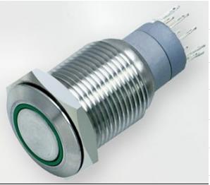 Антивандальная кнопка, 5pin, OFF-(ON) без фиксации, 12V 3.0A, под гайку М16, под пайку, подсв.:синий, Фланец: 18х31мм (SC-985)