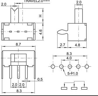 Переключатель движковый (ползунковый), 3pin, групп: 1, 2 полож., ON-ON с фиксацией, 50V 0.3A, под пайку, 8,7x4,5x4мм, L=5мм, DIP угловой, толкатель: ч фото 5