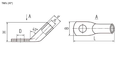 Наконечник (обжимная клемма)  М6 для силового кабеля под 45 градусов 16mm2; ТМЛс (45*)16-6, SC16-6 (КВТ16-6-6) предназначена для оконцевания проводов  фото 2