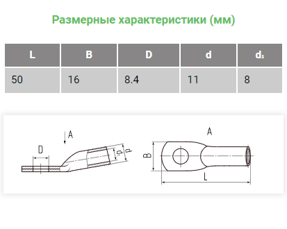 Наконечник (обжимная клемма)  М8 для силового кабеля 25mm2 ТМЛ25-8-8 (SC25-8) (КВТ25-8-8) (TML25-8-8) предназначена для оконцевания проводов и кабелей фото 2