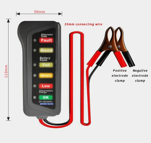 Тестер зарядки аккумулятора  12V , 113х50х20мм, с дисплеем, L проводов с "крокодилами"=27см, Испытания аккумуляторов 12 В, используемых в легковых и г фото 2