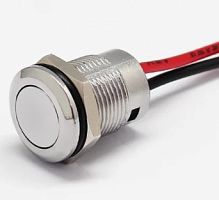 Антивандальная кнопка круглая для домофона, 2pin, OFF-(ON) без фиксации, 12-24V  5.0A, под гайку М12, с проводами, d:12мм, IP67 (FLM12-BW)