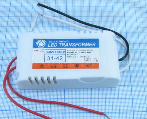 Драйвер для люстры из выводных св/диодов, 20mA, 3-3.2V, вх: AC 220/250V, кол-во св/д: 31-42шт, пластик, IP35, 77x36x24мм Драйвер для люстры из выводных св/диодов, 20mA, 3-3.2V, вх: AC 220/250V, кол-во св/д: 31-42шт, пластик, IP35, 77x36x24мм