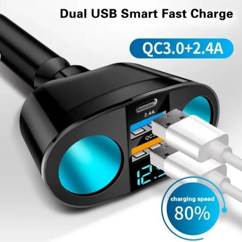 Раздвоитель гнезда прикуривателя In-CAR + БЛОК ПИТ/ЗАРЯД УСТР АВТО 12V / USB-AFх2 + TYPE-C + вольтметр, Вх:DC12-24V; 2 х Вых:гнезда прикуривателя; 2 x фото 2