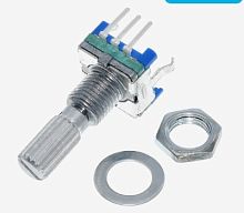 Энкодер  5pin 11,7х12х6,7мм (L=20мм) с кнопкой EC11-1SD5x4,5-L15 KQ, ручка мет. круг ,накатка , разрезная D=6 (дискр.=30) с резьбойпод винт М7,  Шаттл