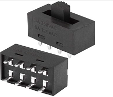 Переключатель движковый (ползунковый), 8pin, групп: 2, 2xON-ON-ON -, AC 220/250V 3.0A, под пайку, 10x8,5x16мм, на плату, толкатель: -, корпус: - (KBB1